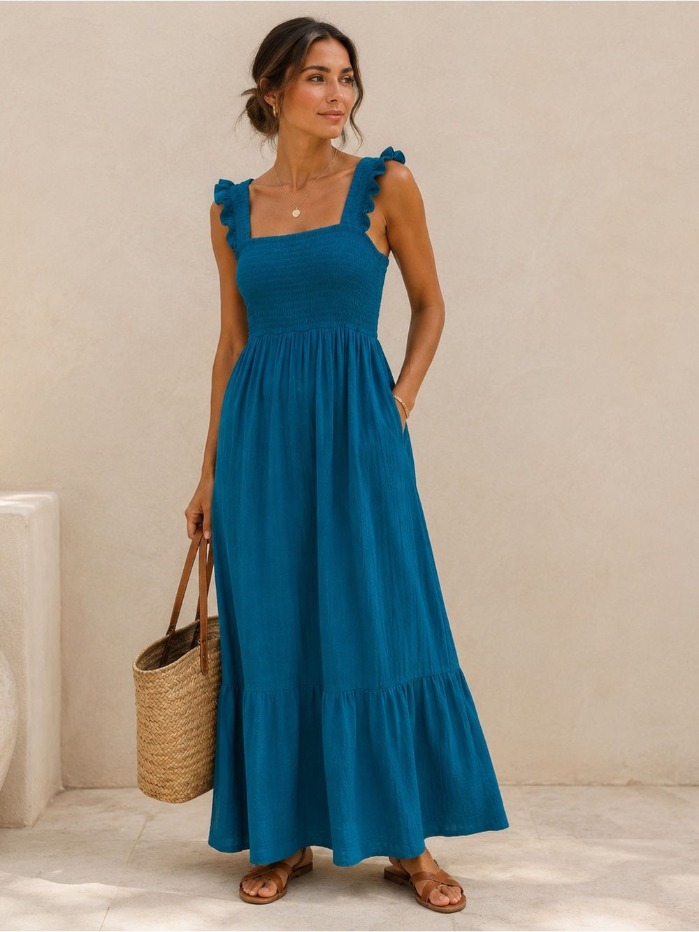 SOMA Whisper Teal Smocked Maxi Dress Pockets 100% Cotton Coastal Luxury | Size L